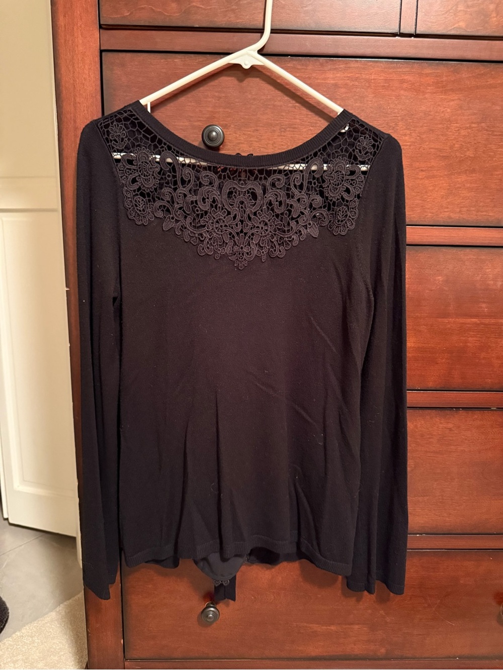 White House Black Market Black Long-Sleeve Lace Yoke Top